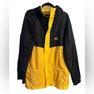 Helly Hansen Mens XL Black Yellow Waterproof Rain Jacket Hooded Windbreaker VTG
